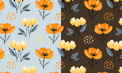 Seamless floral pattern with stylized flower buds and elegant leaves arranged in a symmetrical, repeating design. Suitable for fabric design, wallpaper, wrapping paper, and digital backgrounds