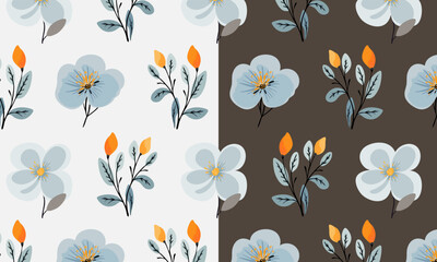 Seamless floral pattern with stylized flower buds and elegant leaves arranged in a symmetrical, repeating design. Suitable for fabric design, wallpaper, wrapping paper, and digital backgrounds