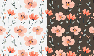 Seamless floral pattern with stylized flower buds and elegant leaves arranged in a symmetrical, repeating design. Suitable for fabric design, wallpaper, wrapping paper, and digital backgrounds
