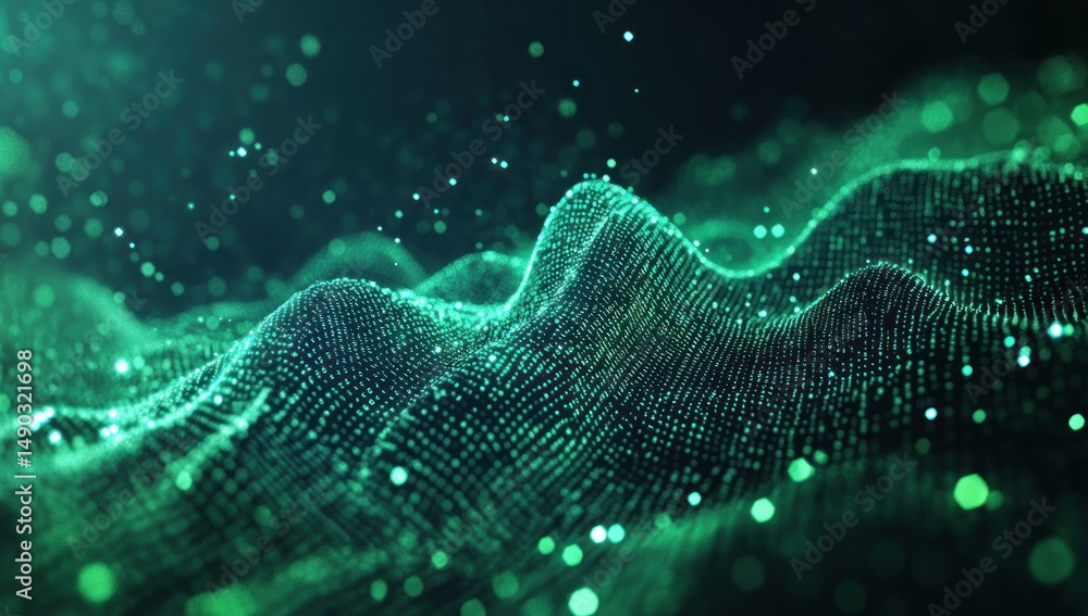 Poster abstract green digital landscape: a mesmerizing visualization of data points forming a flowing, undu