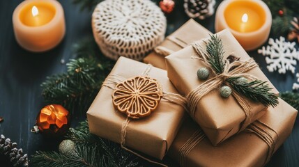 Festive Holiday Gift Boxes Decorated with Ornaments and Greenery for Celebrations