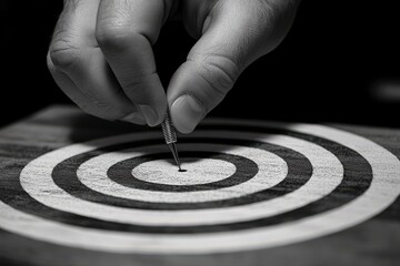 Hand placing a dart onto a bullseye in black and white.