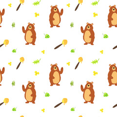 Seamless pattern with cartoon bear, wooden spoon for honey, flowers, leaves hand drawn with textures. Image for printing on wrapping paper and canvas, for kids, poster or banner. Cartoon illustration