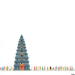Majestic Temple Pilgrimage: A long line of individuals approaches a grand temple, showcasing unity in a serene and spiritual context. This visual narrative tells of devotion, culture.