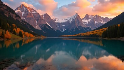 Stunning Alpine Lake with Autumn Forest and Snow-Capped Mountain Reflections at Sunset