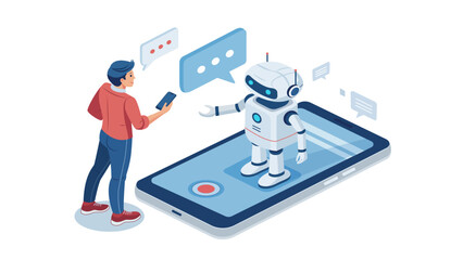 Young man talking to chatbot on big smartphone screen. Virtual assistant customer support via messages. Vector isolated illustration