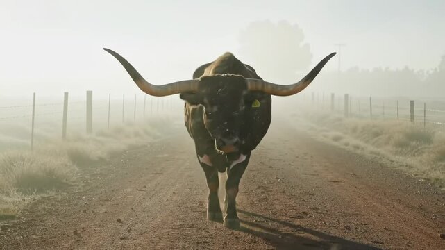 A longhorn male cow walking down a foggy dirt road surrounded by a serene rural landscape