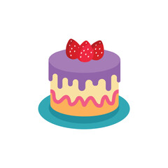 A Colorful Layered Cake with Purple Frosting and Three Strawberries on a Plate