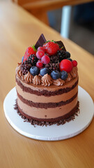 Delicious chocolate cake topped with fresh berries