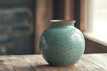 Photo of ceramic vases with subtle textures on a wooden table. Generative AI
