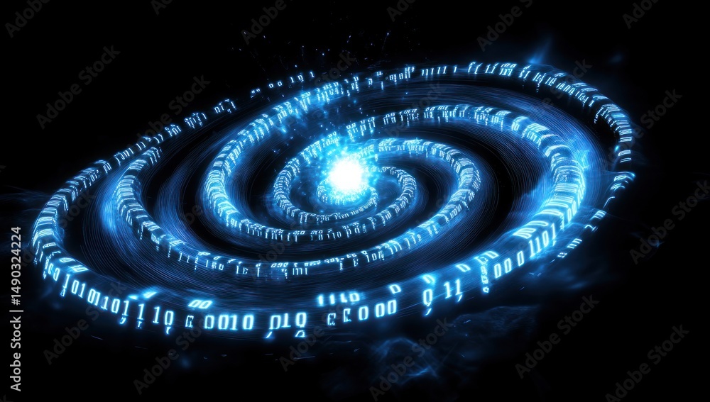 Poster abstract digital galaxy: a mesmerizing spiral of binary code and vibrant blue energy.