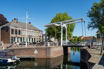 Historic wooden lift bridge in the harbor of Goes Province of Zeeland, Netherlands.