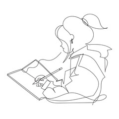 continuous line of woman covering face with book. Single line vector of woman posing with book.