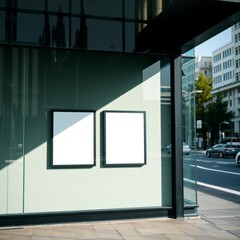 High-quality, close-up, realistic picture mockup of three posters on a white sheet that is large and behind glass in a street city, displayed as an empty billboard