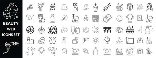 Beauty and Spa set of web icons in line style. Cosmetics services & Spa icons for web and mobile app. Spa treatments, skin care, massage, hyaluronic acid, serum, anti ageing, pore tighten, cosmetology