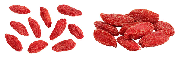 Dried goji berries isolated on white background. Top view. Flat lay.