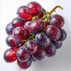 Fresh ripe red grapes bunch with water droplets on smooth white background perfect for healthy food, fruit, and nutrition themes in digital and print media