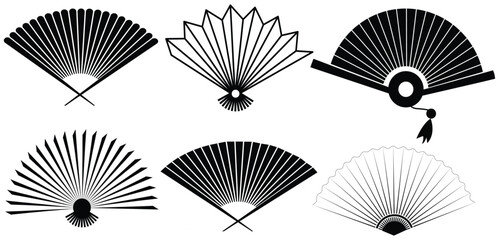 Hand Fan Icon Set – Folding & Rigid Styles in Black and White Vector Collection