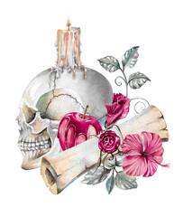 Antique tombstone with human skull, burning candle, paper scroll and dark pink hibiscus flowers hand drawn watercolor illustration isolated on white. vintage monument for funeral, halloween design