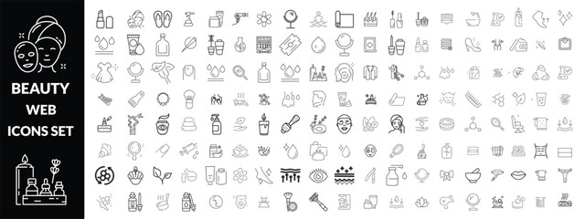 Beauty and Spa set of web icons in line style. Cosmetics services & Spa icons for web and mobile app. Spa treatments, skin care, massage, hyaluronic acid, serum, anti ageing, pore tighten, cosmetology