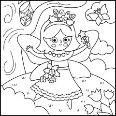 Vector black and white square background with berry fairy. Fairyland landscape line illustration. Scenery with magic princess, meadow, sky. Fantasy nature scene illustration, coloring page