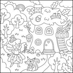 Vector black and white square fairyland background with acorn fairy, treehouse, squirrel. Magic land line landscape. Woodland scenery with princess. Fantasy forest scene illustration, coloring page