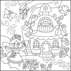 Vector black and white square fairyland background with berry fairy, strawberry house. Magic land line landscape. Woodland scenery with princess. Fantasy forest scene illustration, coloring page