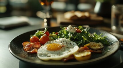 Delicious Breakfast Plate: Sunny-Side Up Eggs, Crispy Bacon, and Fresh Salad
