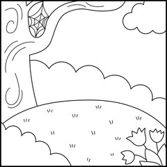 Vector black and white square nature backgrounds. Country, farm or village line landscape. Cute scenery with meadow, tree, bushes, sky, flowers. Forest or woodland scene illustration, coloring page