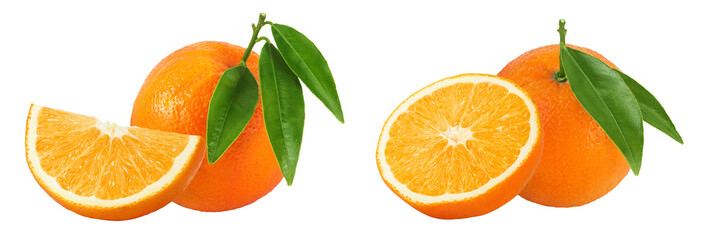 Orange fruit with leaves isolated on white background with full depth of field