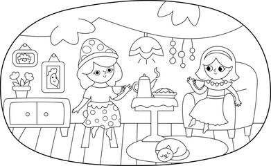 Vector black and white scene with fairies drinking tea. Funny line composition with girls. Cute scenery with magic princess chatting in cozy tree house. Fantasy scene illustration, coloring page