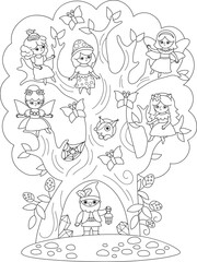 Cute black and white landscape with dwarf and woodland fairies sitting on tree branches. Vector fairyland line background. Fantasy forest illustration. Fairytale coloring page