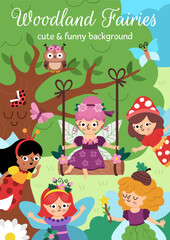 Vector vertical scene with woodland fairies. Fairyland landscape illustration. Cute background or book cover for kids with adorable magic forest creatures. Funny fairytale scene