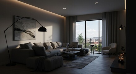 A contemporary home design showcases a modern living room interior with a cozy fireplace and stylish furniture