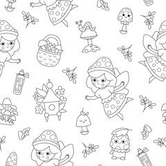 Vector black and white mushroom fairy seamless pattern. Line repeat background with little girl. Woodland princess digital paper. Fantasy forest, magic garden coloring page