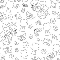 Vector black and white fairy bug seamless pattern. Line repeat background with girl. Woodland princess digital paper. Fantasy forest, magic garden coloring page with fairytale creature, butterfly
