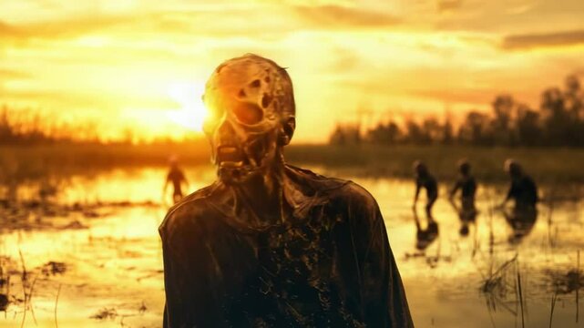Several undead creatures with decaying flesh are emerging from a swamp at sunset, with other zombies in the background, during a zombie apocalypse