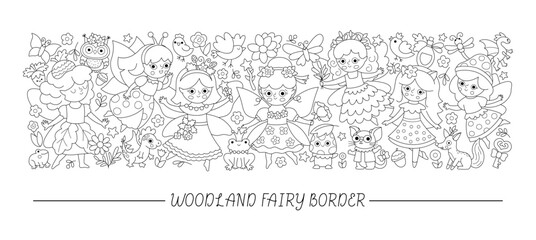 Vector black and white woodland acorn, flower, bug and berry fairy horizontal set with fairytale creatures. Magic garden card template, frame design for banner, invitation, coloring page
