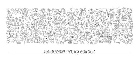 Vector black and white woodland fairy horizontal set with elf, dwarf, houses, unicorn, dragon, fairytale creature. Magic garden line card template, frame design for banner, invitation, coloring page