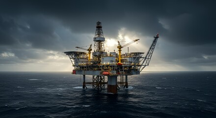 Oil Rig in Ocean Under Stormy Sky