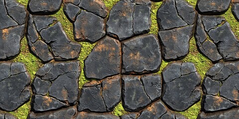 Fototapeta premium Seamless texture of cracked black stones with moss, providing a natural look