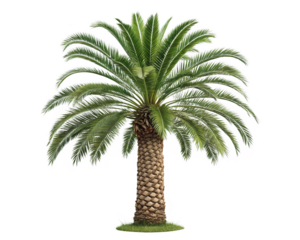 A Canary Island date palm tree with a thick, textured trunk and a crown of feathery green fronds, isolated on a white background.