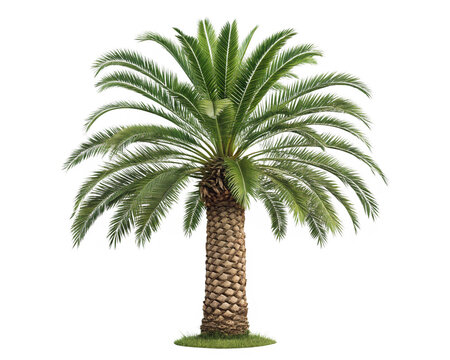 A Canary Island date palm tree with a thick, textured trunk and a crown of feathery green fronds, isolated on a white background.
