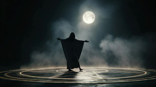 Silhouetted figure stands beneath mysterious moon glow, spreading moon energy across enigmatic scene. Moon casts mystical aura, enhancing dramatic moon symbolism. Powerful moon imagery captivates imag