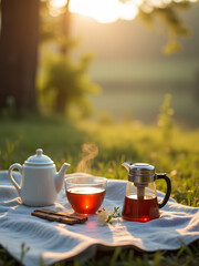 Enjoying a warm cup of tea at sunset in a serene outdoor setting surrounded by nature
