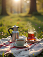Warm tea and coffee set on a blanket in a sunlit forest during late afternoon