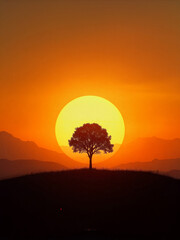 Sunset over a solitary tree on a hill with mountains in the background