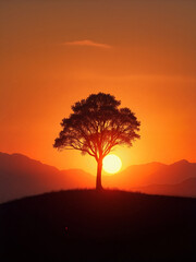 Majestic silhouette of a tree against a vibrant sunset behind mountains at dusk