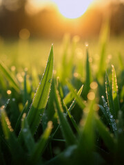 Morning dew glistens on grass blades as sunlight shines through a tranquil meadow