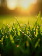 Dew-covered grass glistens in the warm glow of sunrise in a tranquil outdoor setting